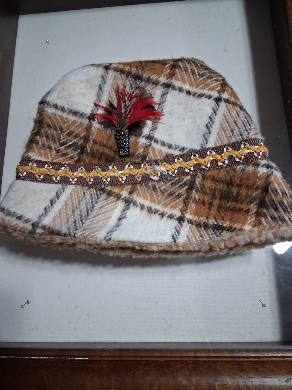 1960s Plaid Brown & Cream Women's Bucket Hat with Feather Accent